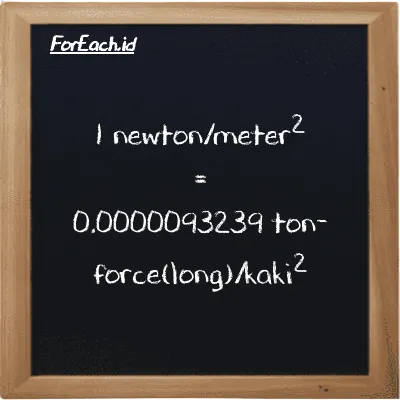 1 newton/meter<sup>2</sup> setara dengan 0.0000093239 ton-force(long)/kaki<sup>2</sup> (1 N/m<sup>2</sup> setara dengan 0.0000093239 LT f/ft<sup>2</sup>)